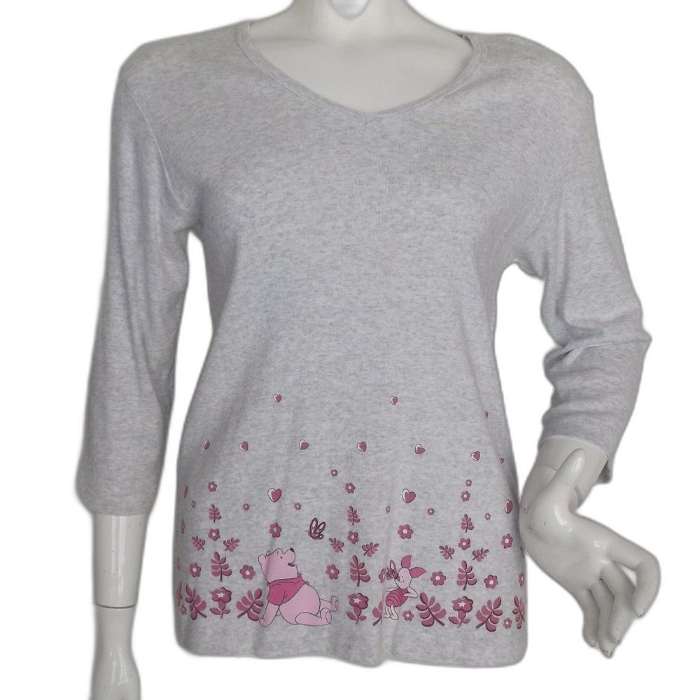 WINNIE THE POOH/PIGLET Tshirt, 1X,Grey, Hem Print, 3/4 Sleeves, V-neck, Hearts